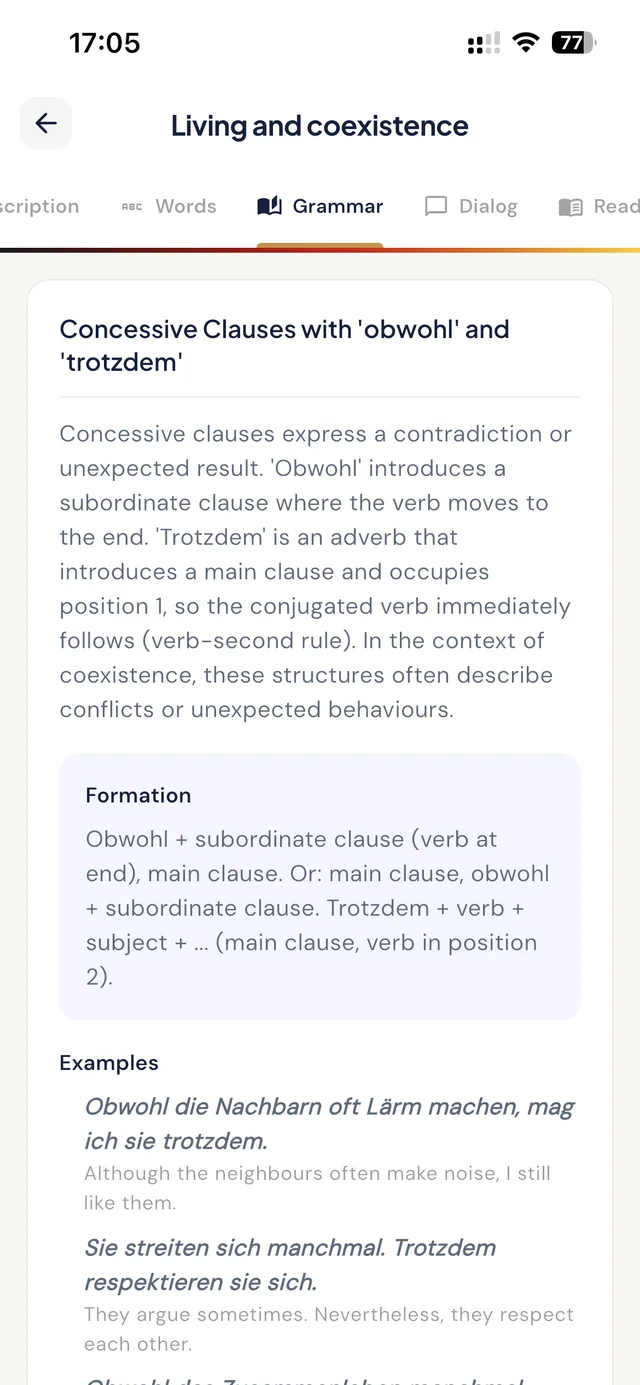 Grammar explanation in the app: concessive clauses with obwohl and trotzdem