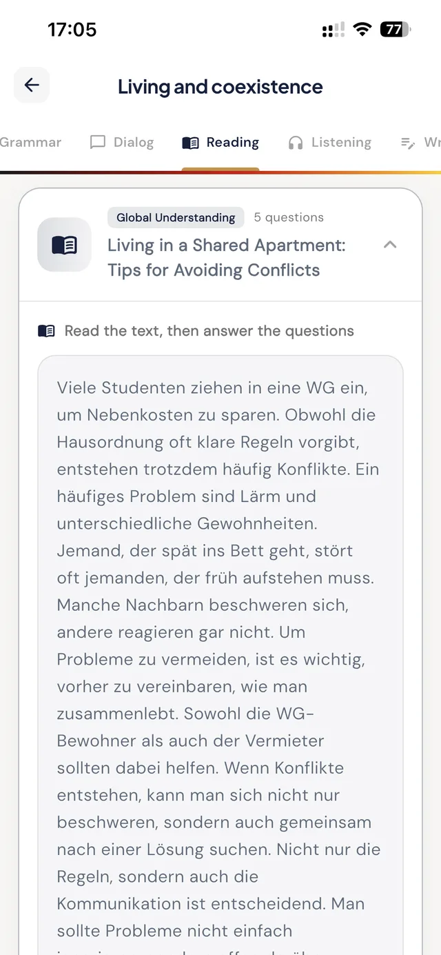 Reading exercise in the app: an authentic German text with comprehension questions