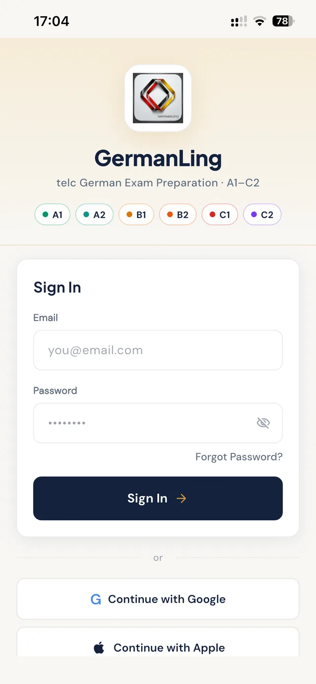 GermanLing app welcome screen with the six levels A1 to C2
