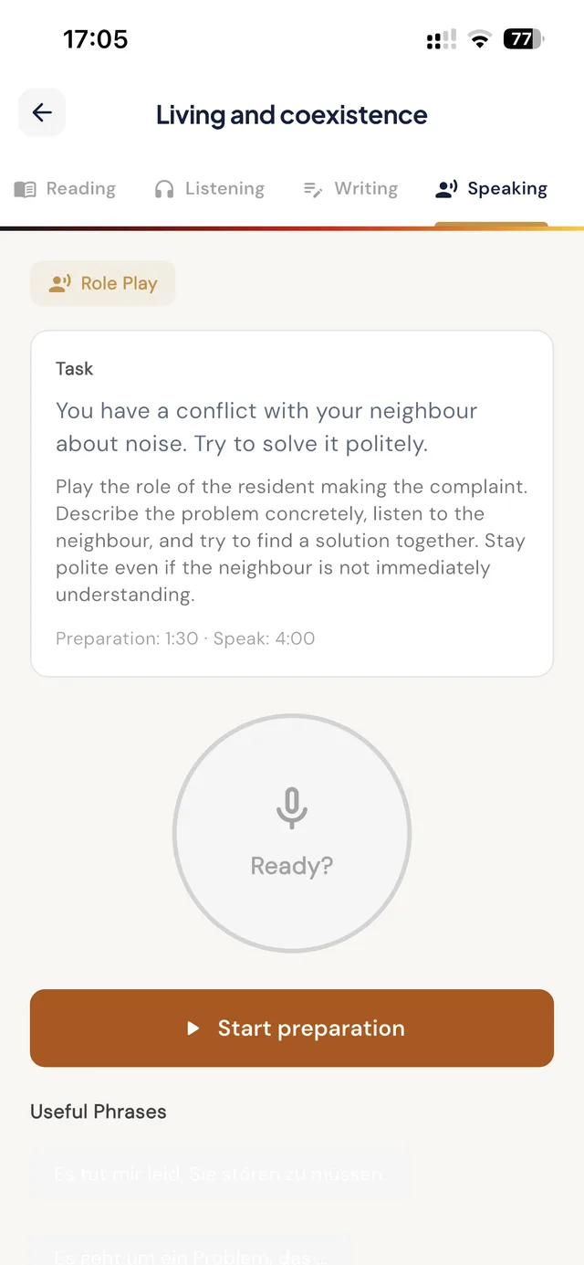 Speaking role-play task in the app with a record button and preparation timer
